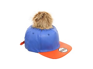 Blue and Orange Faux Leather Pom Pom Snapback Baseball Hat Cap w/ Watch Strap Closure