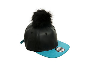 Turquoise and Black Faux Leather Pom Pom Snapback Baseball Hat Cap w/ Watch Strap Closure