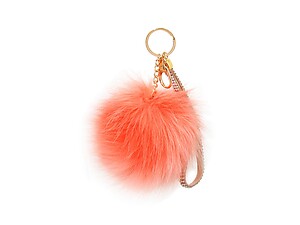 Coral Faux Fur Pom Pom and Suede Jeweled Hand Holder Keychain