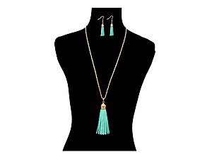 Mint Suede Tassel Long Goldtone Chain Necklace Set