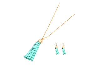 Mint Suede Tassel Long Goldtone Chain Necklace Set