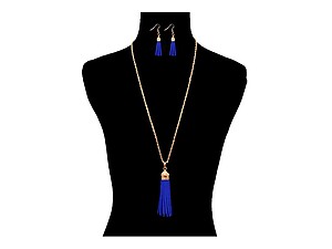 Navy Suede Tassel Long Goldtone Chain Necklace Set