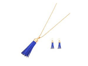 Navy Suede Tassel Long Goldtone Chain Necklace Set