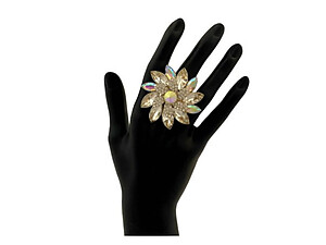 Aurore Borealis Goldtone Large Crystal Rhinestone Stretch Flower Ring