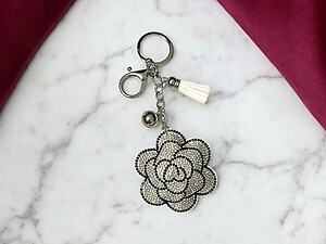 White Flower Tassel Bling Faux Suede Stuffed Pillow Key Chain Handbag Charm