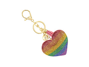 Rainbow Heart Tassel Bling Faux Suede Stuffed Pillow Key Chain Handbag Charm