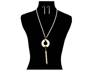 White and Goldtone Circle Drop Tassel Long Necklace & Earring Set