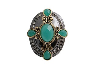 Teal and Silvertone Cross and Rhinestone Large Burnished Stretch Ring