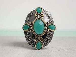Teal and Silvertone Cross and Rhinestone Large Burnished Stretch Ring