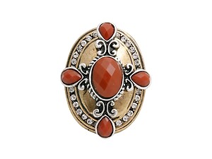 Orange and Goldtone Cross and Rhinestone Large Burnished Stretch Ring