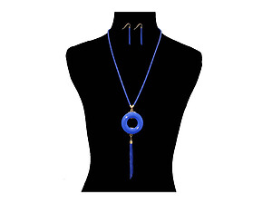 Blue and Goldtone Circle Drop Tassel Long Necklace & Earring Set