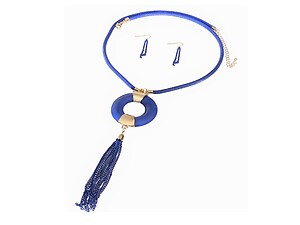 Blue and Goldtone Circle Drop Tassel Long Necklace & Earring Set