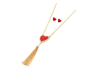 Goldtone Heart Tassel Long Necklace & Earring Set
