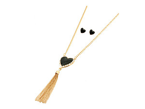 Goldtone Heart Tassel Long Necklace & Earring Set