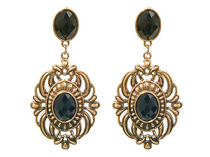 Metal Antique Look Black Stone Drop Earrings