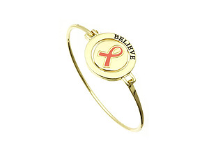 Goldtone Pink Ribbon Orbit Pendant Metal Bangle Bracelet