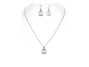 Silvertone Pink Ribbon Metal Epoxy Coat Pendant Jewelry Set