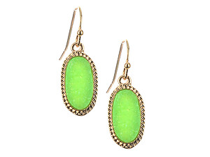 Green Oval Druzy Faceted Lucite Stone Metal Frame Fish Hook Earrings