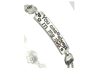 Two Tone Flower Etched Double Box Metal Bar Message Charm Bracelet