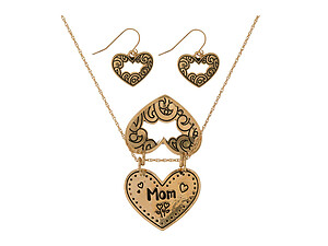 Goldtone Mom Dainty Heart Locket Pendant Stamped Necklace Set