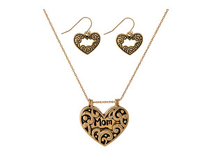 Goldtone Mom Dainty Heart Locket Pendant Stamped Necklace Set