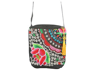 Flower Tassel Fabric Embroidery Crossbody Bag with Zipper Closure