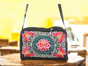 Fabric Flower Double-Sided Embroidered Shoulder Bag with Adjustable Strap