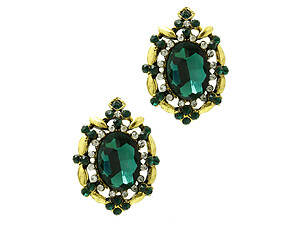 Green Fashion Faceted Oval Stone Aged Finish Metal Cutout Post Pin Earrings