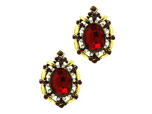 Red Fashion Faceted Oval Stone Aged Finish Metal Cutout Post Pin Earrings