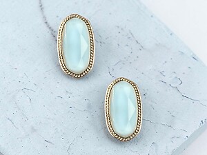 Aqua Blue Oval Faceted Lucite Stone Metal Frame Post Pin Earrings