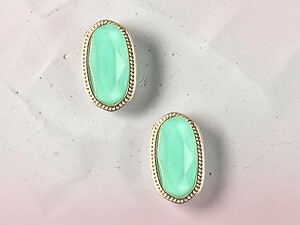Mint Green Oval Faceted Lucite Stone Metal Frame Post Pin Earrings