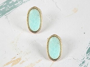 Aqua Blue Druzy Oval Faceted Lucite Stone Metal Frame Post Pin Earrings