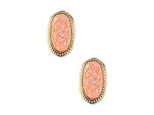 Peach Druzy Oval Faceted Lucite Stone Metal Frame Post Pin Earrings