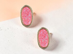 Pink Druzy Oval Faceted Lucite Stone Metal Frame Post Pin Earrings