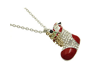 Silvertone Santa Claus Christmas Holiday Link Stocking Necklace