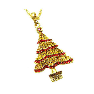 Yellow Christmas Tree Christmas Holiday Link Necklace in Goldtone