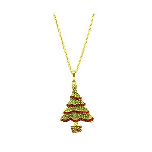 Green Christmas Tree Christmas Holiday Link Necklace in Goldtone