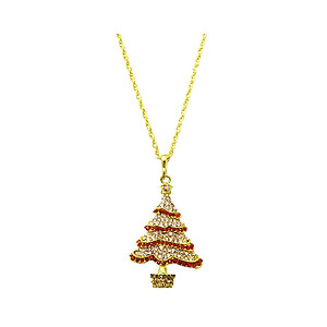 Pink Christmas Tree Christmas Holiday Link Necklace in Goldtone