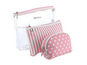 Pink 3 Pc Vinyl Makeup Cosmetic Bag Accessory With Wrist Band