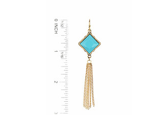 Turquoise Metal Frame Rhombus Stone Chain Tassel Fish Hook Earrings