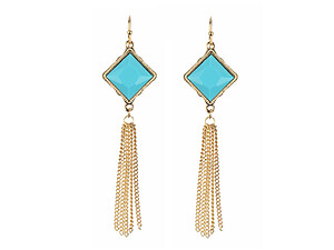 Turquoise Metal Frame Rhombus Stone Chain Tassel Fish Hook Earrings