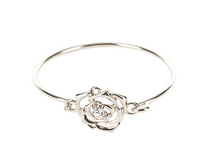 Silvertone Crystal Stone Cutout Metal Rose Bangle Bracelet with Hook Closure