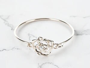 Silvertone Crystal Stone Cutout Metal Rose Bangle Bracelet with Hook Closure