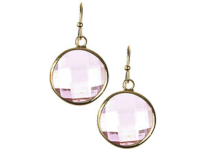 Pink Round Cut Faceted Lucite Stone Metal Frame Fish Hook Earrings