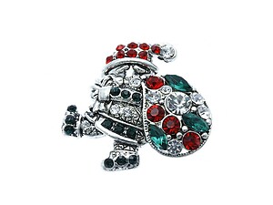 Crystal Stone Paved Santa Claus Pin and Brooch w/ Silver Trim