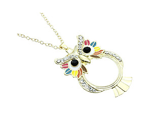 Crystal Stone Multi-colored Owl Magnifier Pendant Necklace in Goldtone