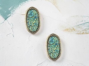 Blue Druzy Oval Faceted Lucite Stone Metal Frame Post Pin Earrings