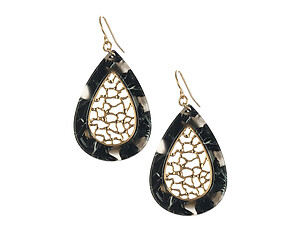 Black Matte Finish Metal Filigree Teardrop Natural Stone Finish Earrings