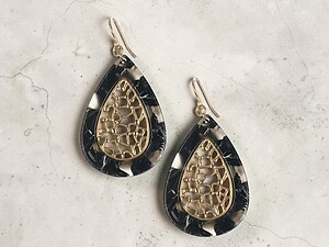 Black Matte Finish Metal Filigree Teardrop Natural Stone Finish Earrings