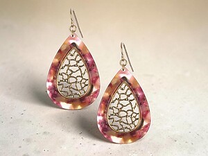 Red Matte Finish Metal Filigree Teardrop Natural Stone Finish Earrings